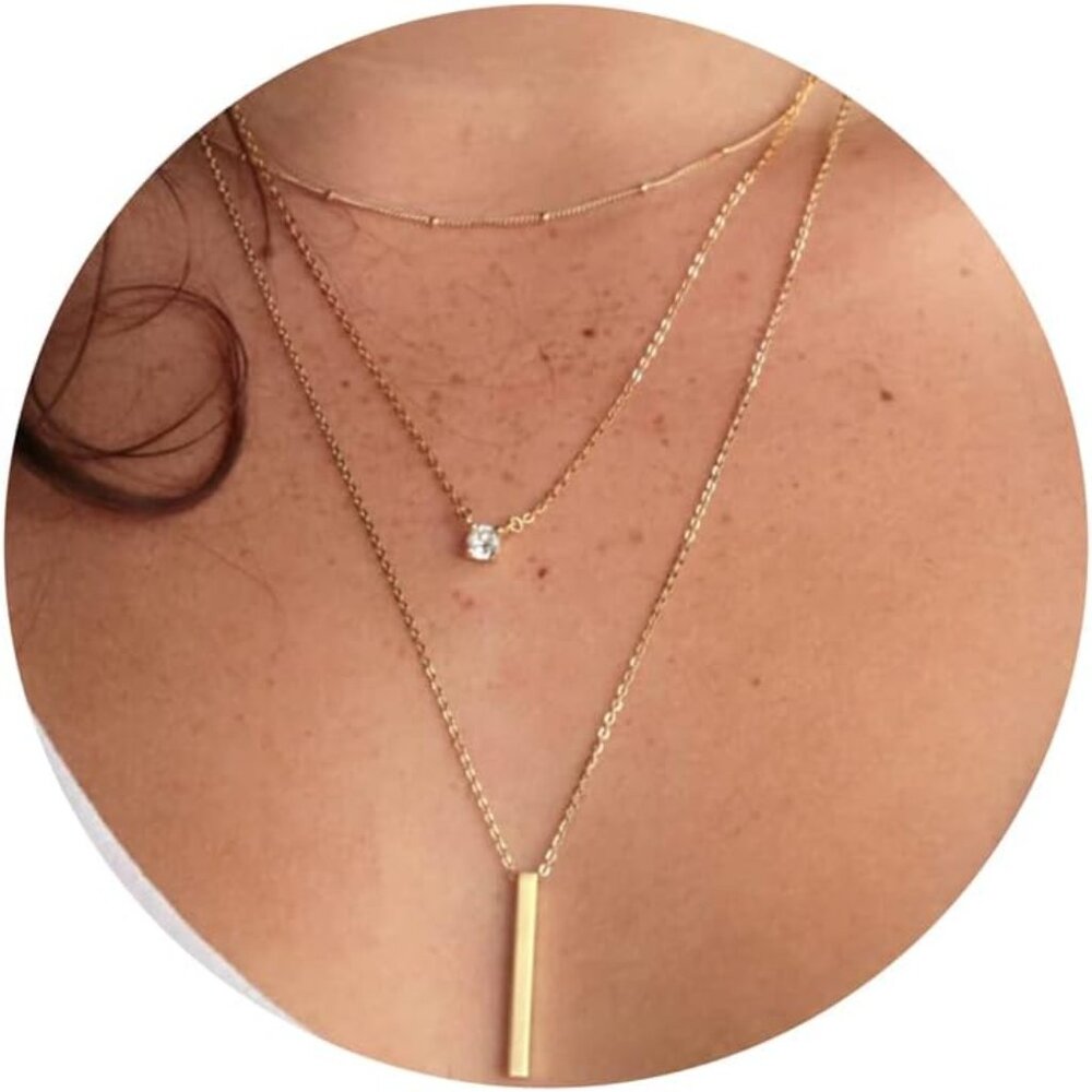 Tewiky Diamond Necklaces Layered CZ Bar Gold Trendy Gold Jewelry Gifts
